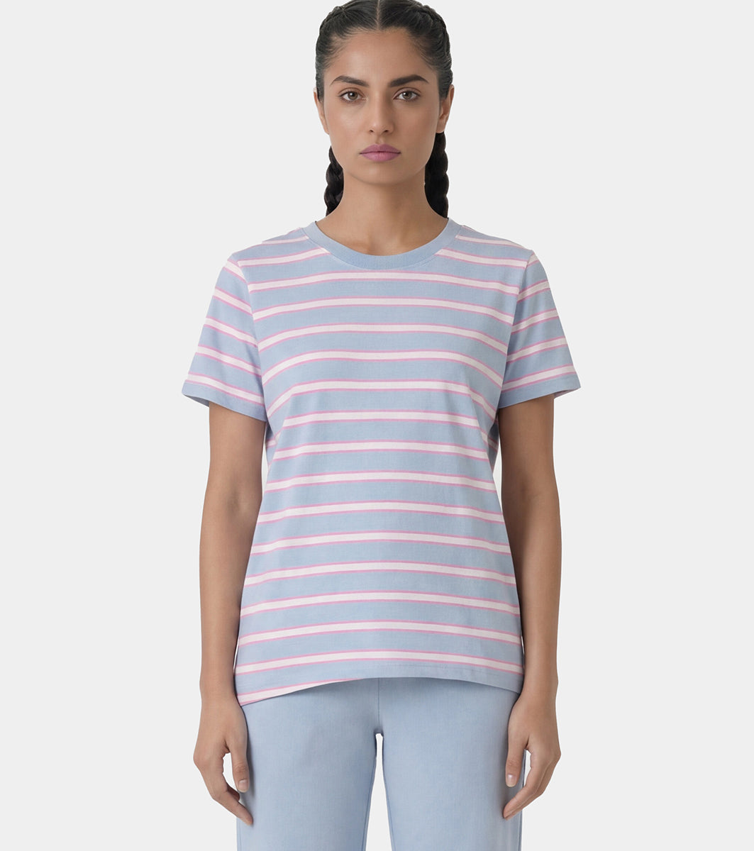 Enamor Short Sleeve Crew Neck Regular Length High Low Striped T-Shirt For Women- Relaxed Fit, Soft and Breathable Stretch Cotton - E3S5 (Dusty Blue)