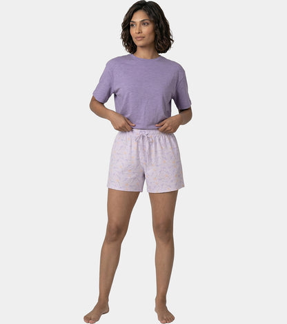 Enamor Drawstring Mid Thigh Length Mid Rise Basic Shorts - Relaxed Fit, Super Soft Cotton - E062 (Dot Texture Flower Print)