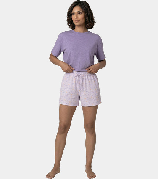 Enamor Drawstring Mid Thigh Length Mid Rise Basic Shorts - Relaxed Fit, Super Soft Cotton - E062 (Dot Texture Flower Print)