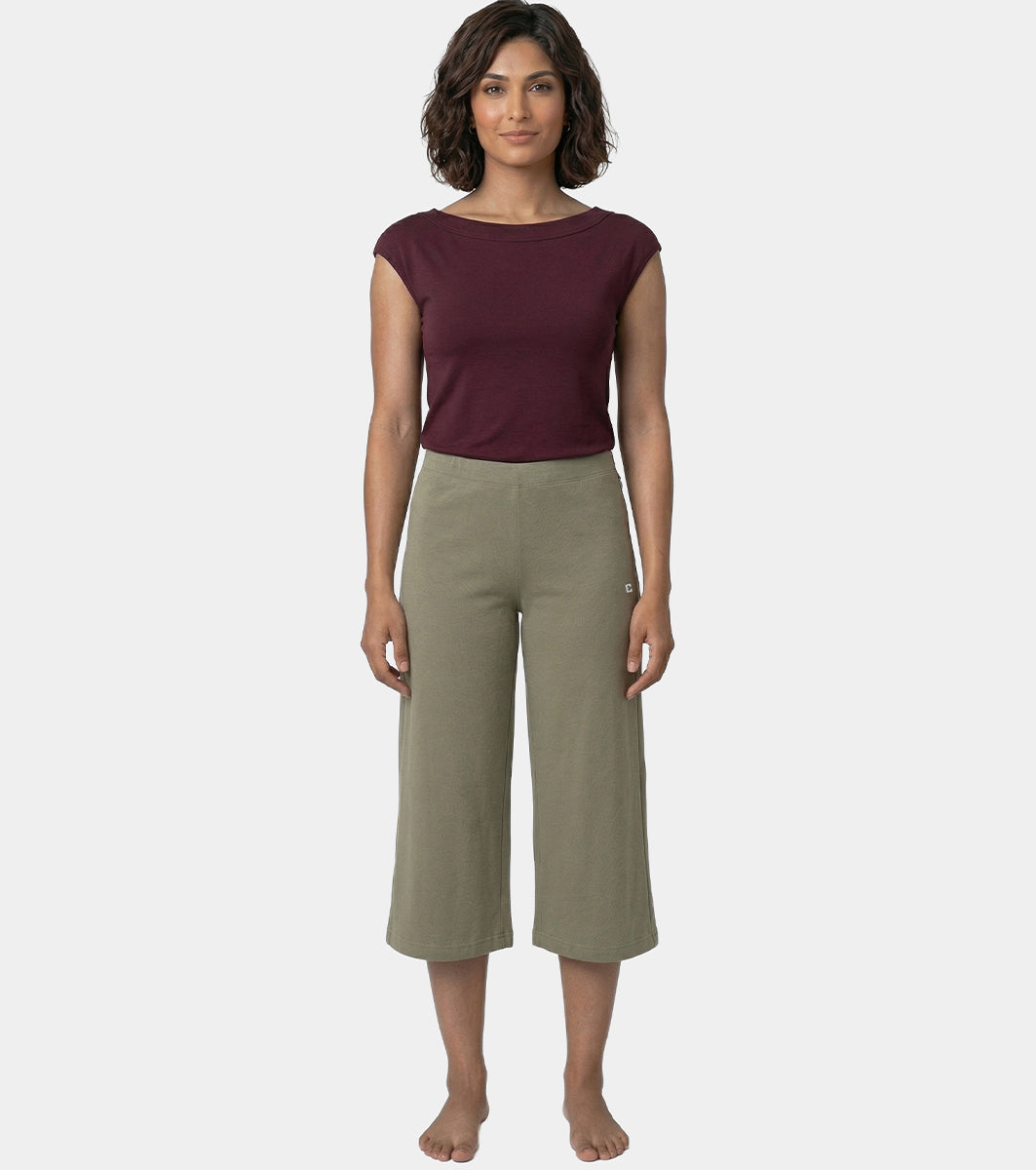 Enamor Mid Rise Crop length Slip on Shop In Culotte For Women - Relaxed Fit, Super Soft - E064 (Deep Lichen Green)