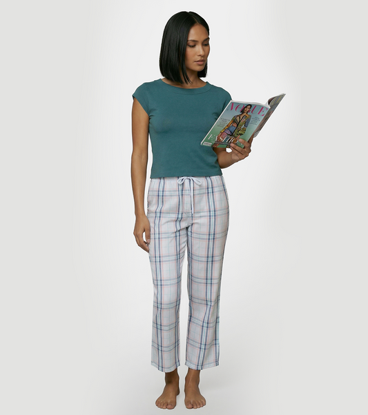 Enamor Mid Rise Full Length Adjustable drawstring Hangout Pant For Women - Relaxed Fit, Combed Cotton - E4A5 (Blue Pink Checks)