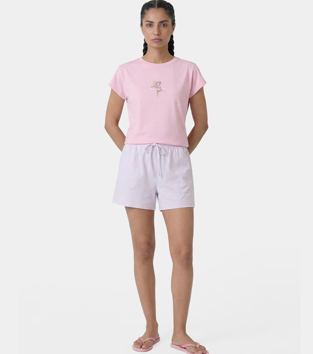Enamor Drawstring Mid Thigh Length Mid Rise Basic Shorts - Relaxed Fit, Super Soft Cotton - E062 (Lavender Fog)