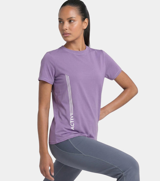 Enamor Short Sleeve Crew Neck Regular Length Basic Dry Fit Workout Crew T-Shirt for Women - Relaxed Fit, Quick Dry, Antimicrobial - A309 (Purple Haze Active Reflective Graphic)