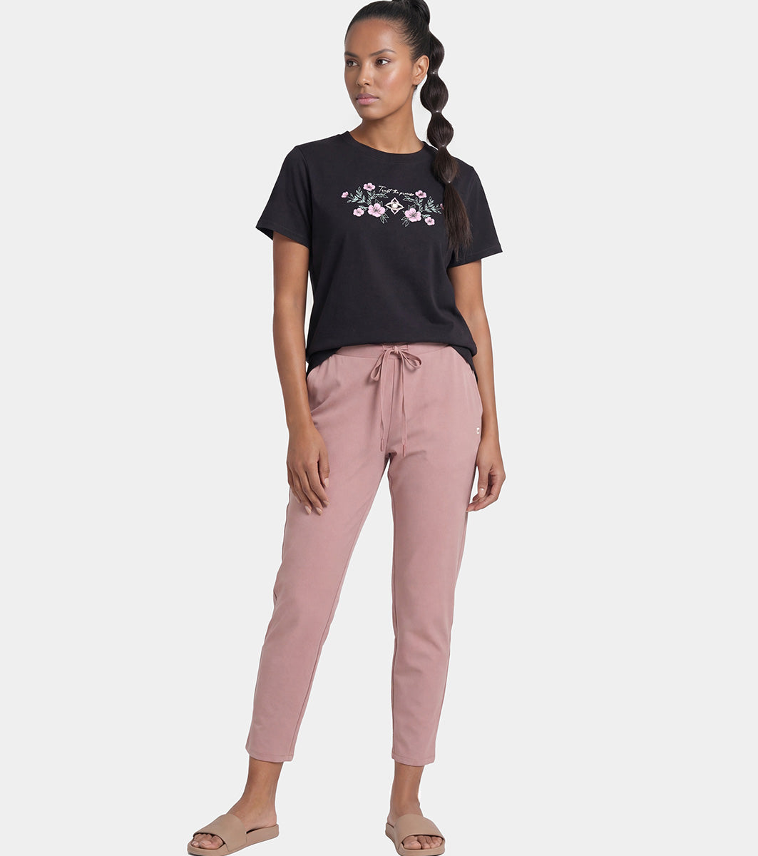 Enamor Mid Rise 7/8th length Drawstring Closure Travel Pants For Women - Relaxed Fit, Quick Dry, Antimicrobial - E068 (Twilight Mauve)