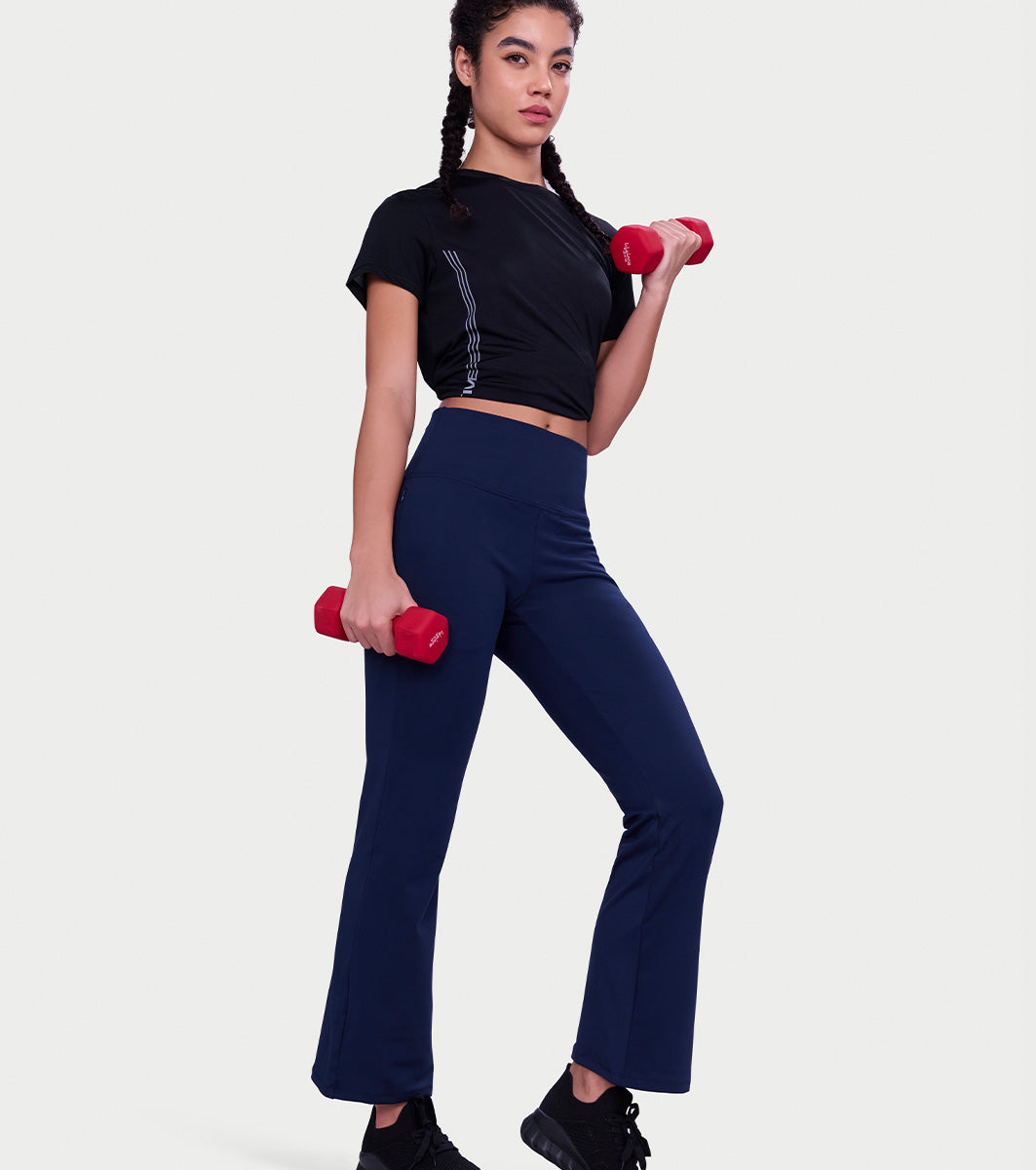 Enamor Fav Flare Pants – Butter-soft dry-fit, high-rise support & sleek flared style -A407 (Navy)