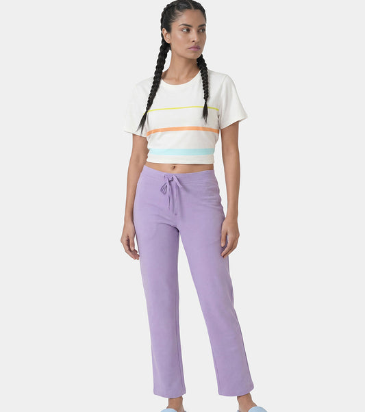 Enamor Mid Rise Regular Length Drawstring Closure Lounge Pants For Women - Slim Fit, Soft and Breathable Stretch Cotton - E014 (Purple Haze)