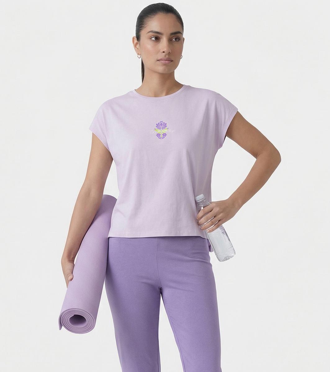 Enamor Pull on Sleeveless Crew Neck Regular Length Cotton T-Shirt For Women with Embroidery Details, Relaxed Fit - E3G7 (Lavender Fog)