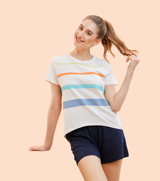 Enamor E3S5 High Low Tee Stripe - Short Sleeve Crew Neck Stretch Cotton Tee with Stylish Stripes