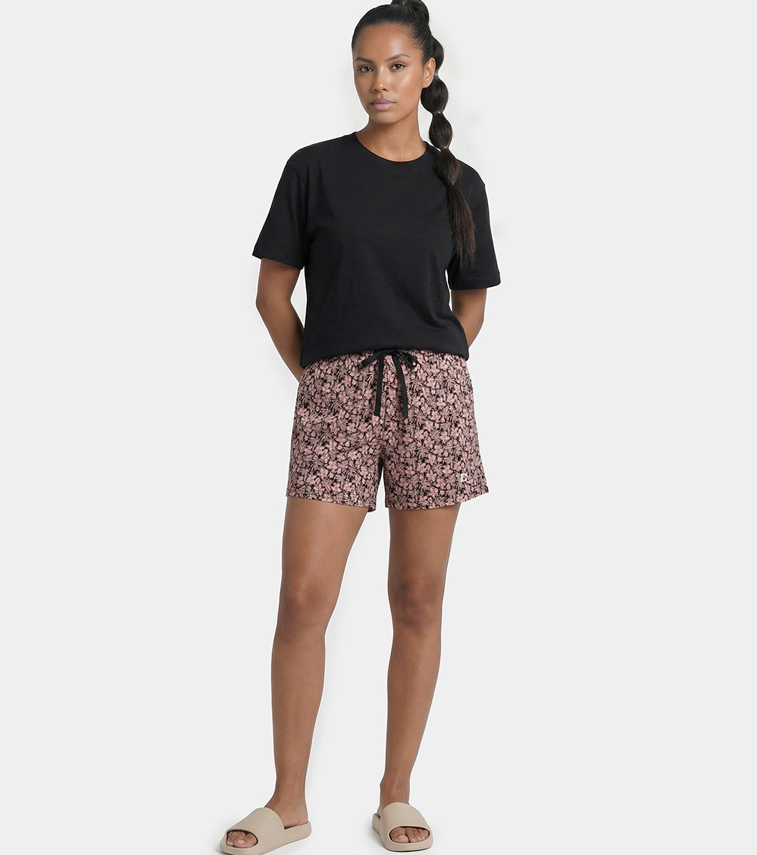 Enamor Drawstring Mid Thigh Length Mid Rise Basic Shorts - Relaxed Fit, Super Soft Cotton - E062 (Coastal Print)