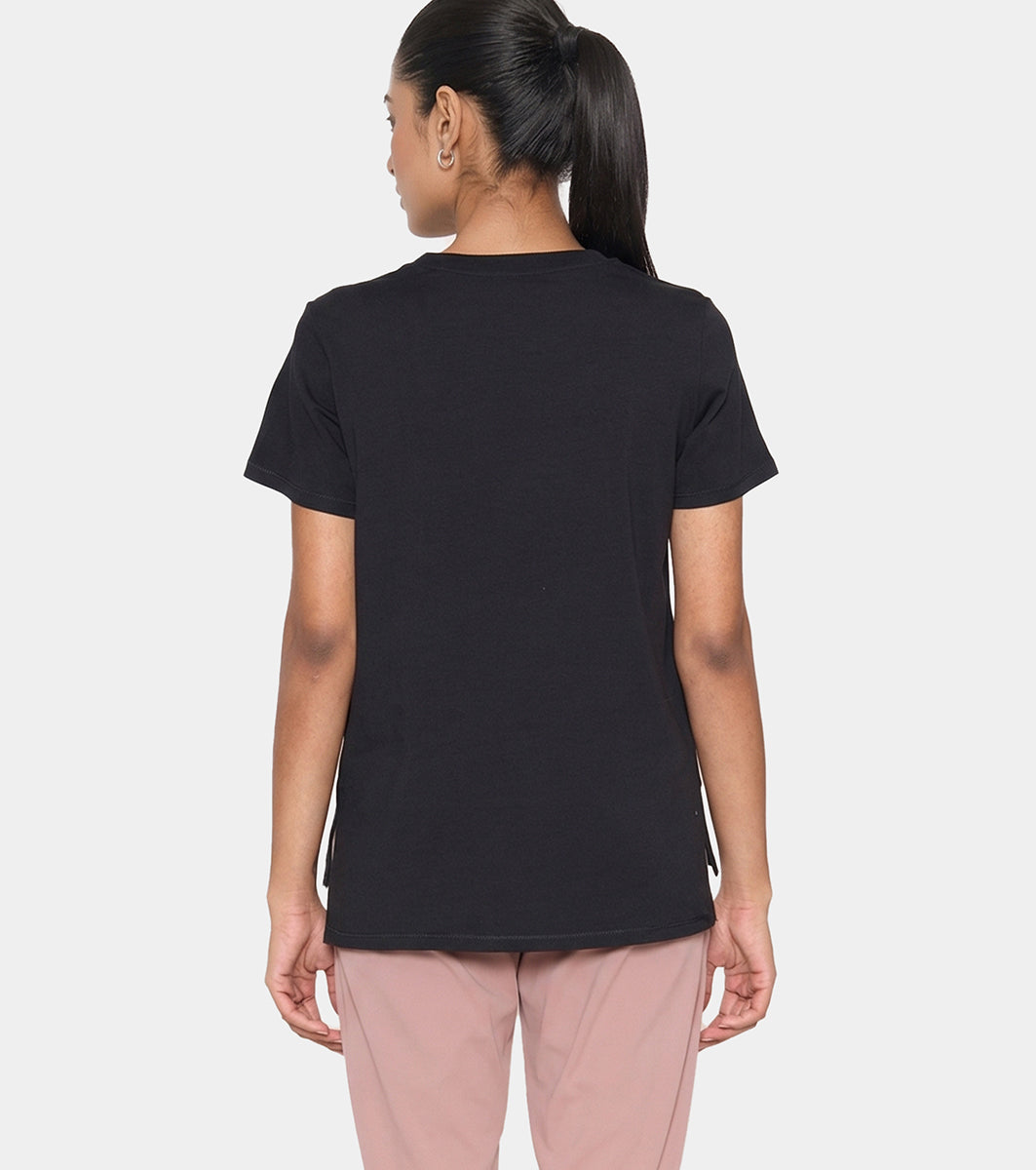 Enamor Short Sleeve Crew Neck Regular Length Cotton Active T-Shirt for Women - Relaxed Fit, Super Soft, Anti-Odour - A301 (Jet Black/Trust The Process Graphic)