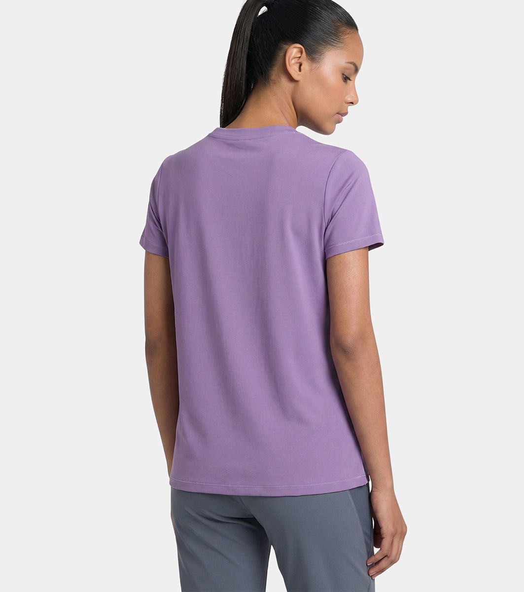 Enamor Short Sleeve Crew Neck Regular Length Basic Dry Fit Workout Crew T-Shirt for Women - Relaxed Fit, Quick Dry, Antimicrobial - A309 (Purple Haze Active Reflective Graphic)