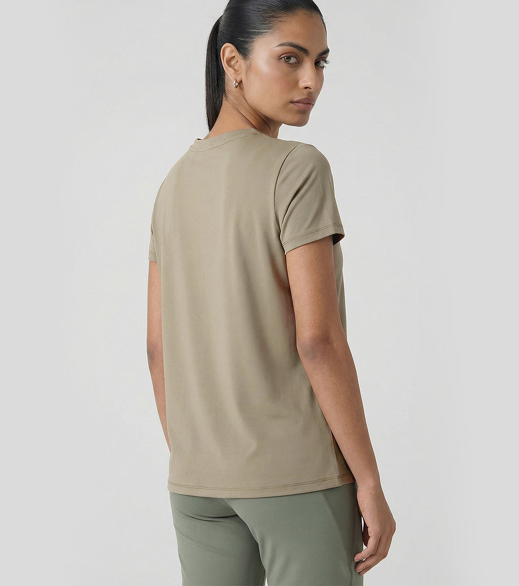 Enamor Short Sleeve Crew Neck Regular Length Basic Dry Fit Workout Crew T-Shirt for Women - Relaxed Fit, Quick Dry, Antimicrobial - A309 (Deep Lichen Green Active Reflective Graphic)