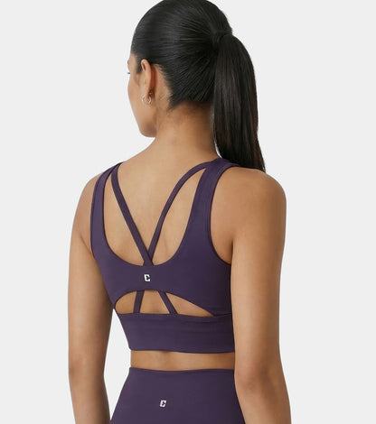 Enamor Sleeveless Crew Neck Crop length Pull On Sports Bra For Women - Hugged Fit, Cut Away Back Detail - A206 (Purple Velvet)