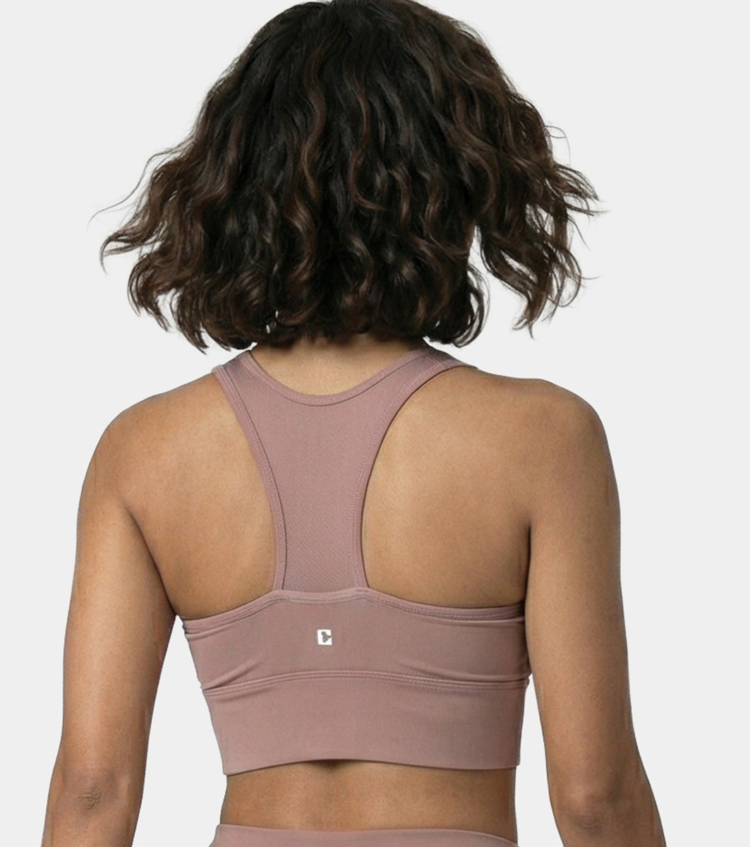Enamor Wide Straps Seamed T-back Basic Workout Sports Bra - Quick Dry, Antimicrobial, Removable Padding, Non-Wired, Full Coverage - A202 (Twilight Mauve)