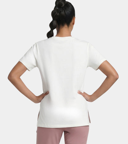 Enamor Short Sleeve Crew Neck Regular Length Cotton Active T-Shirt for Women - Relaxed Fit, Super Soft, Anti-Odour - A301 (Marshmallow/Magic Graphic)