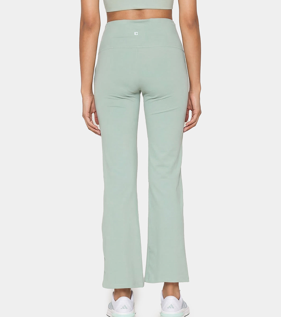 Enamor Fav Flare Pants – Butter-soft dry-fit, high-rise support & sleek flared style -A407 (Sage Green)