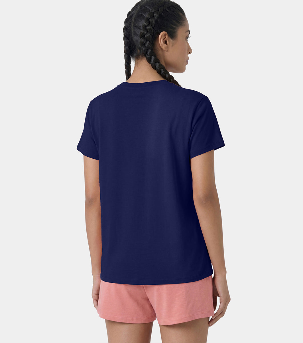 Enamor Pull on Short Sleeve Crew Neck Regular Length Cotton Comfort T-Shirt For Women - Relaxed Fit - E311 (Dark Blue)