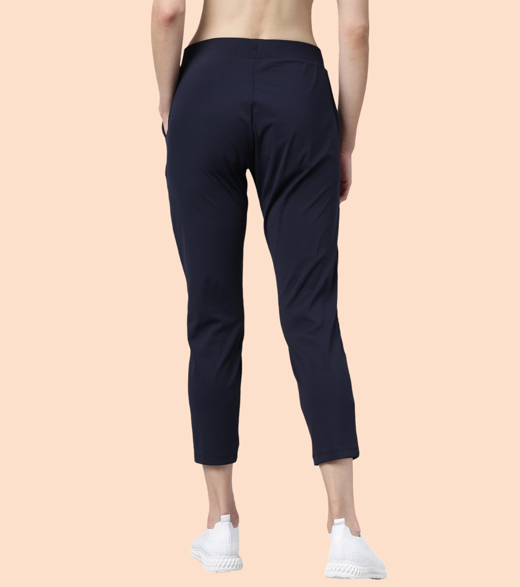 Enamor Mid Rise 7/8th length Drawstring Closure Travel Pants For Women - Relaxed Fit, Quick Dry, Antimicrobial - E068 (Navy)