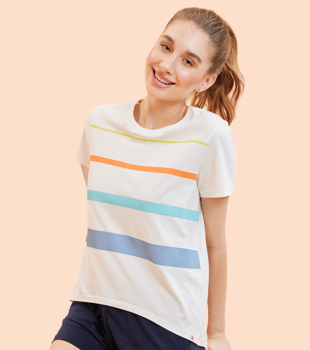 Enamor E3S5 High Low Tee Stripe - Short Sleeve Crew Neck Stretch Cotton Tee with Stylish Stripes
