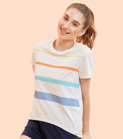 Enamor E3S5 High Low Tee Stripe - Short Sleeve Crew Neck Stretch Cotton Tee with Stylish Stripes