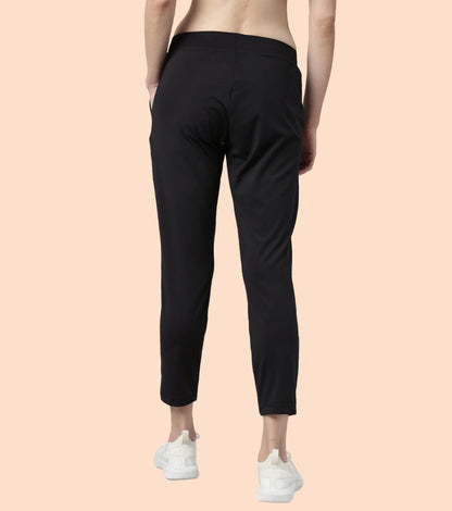 Enamor Mid Rise 7/8th length Drawstring Closure Travel Pants For Women - Relaxed Fit, Quick Dry, Antimicrobial - E068 (Jet Black)