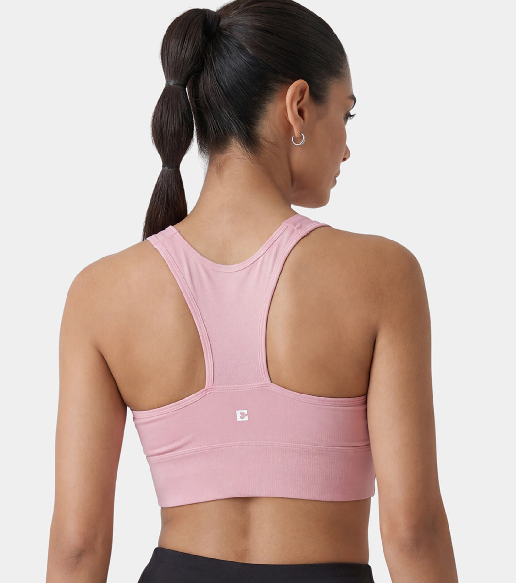 Enamor Wide Straps Seamed T-back Basic Workout Sports Bra - Quick Dry, Antimicrobial, Removable Padding, Non-Wired, Full Coverage - A202 (Pink Nectar)
