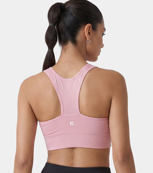 Enamor Wide Straps Seamed T-back Basic Workout Sports Bra - Quick Dry, Antimicrobial, Removable Padding, Non-Wired, Full Coverage - A202 (Pink Nectar)