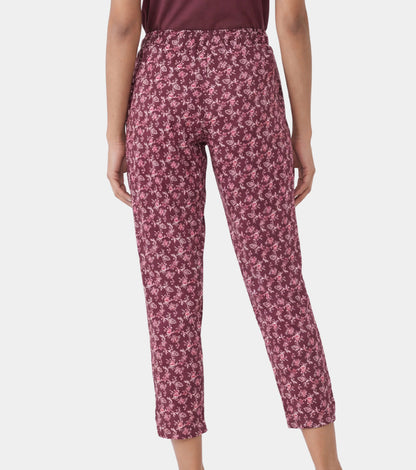Enamor Mid Rise 7/8th length Drawstring Closure Shop In Pants for Women - Relaxed Fit, Soft & drapey 4-way stretch - E048 (Maroon Ethnic Print)