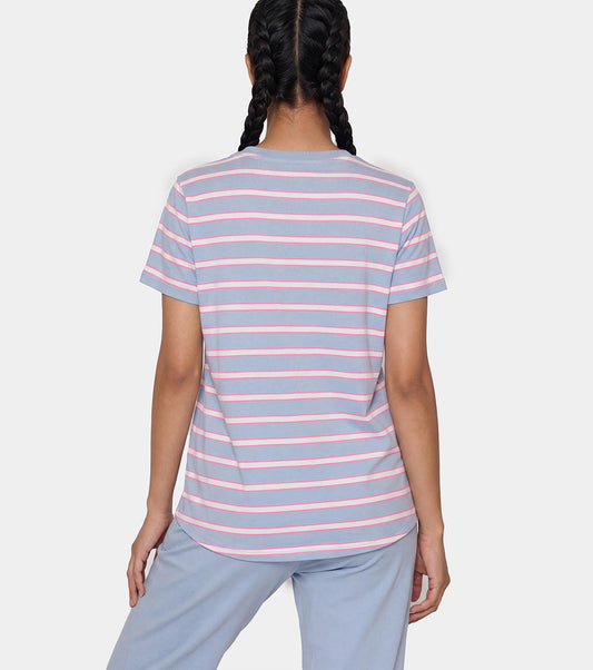 Enamor Short Sleeve Crew Neck Regular Length High Low Striped T-Shirt For Women- Relaxed Fit, Soft and Breathable Stretch Cotton - E3S5 (Dusty Blue)
