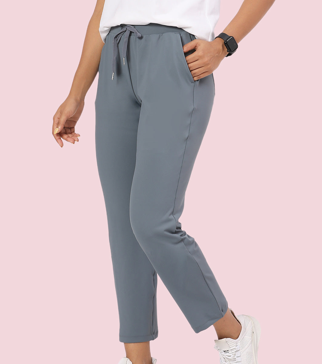 Enamor Mid Rise 7/8th length Drawstring Closure Travel Pants For Women - Relaxed Fit, Quick Dry, Antimicrobial - E068 (Cloud Grey)