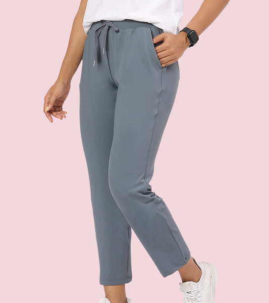 Enamor Mid Rise 7/8th length Drawstring Closure Travel Pants For Women - Relaxed Fit, Quick Dry, Antimicrobial - E068 (Cloud Grey)