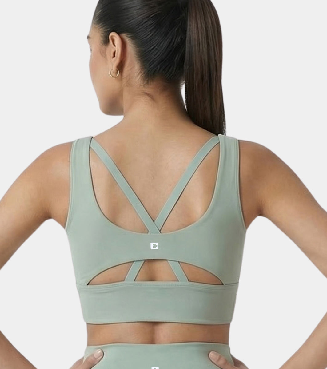 Enamor Sleeveless Crew Neck Crop length Pull On Sports Bra For Women - Hugged Fit, Cut Away Back Detail - A206 (Sage Green)