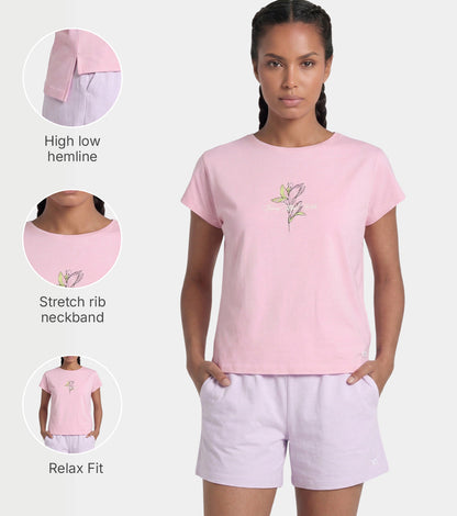 Enamor Pull on Sleeveless Crew Neck Regular Length Cotton T-Shirt For Women with Embroidery Details, Relaxed Fit - E3G7 (Pink Nectar)
