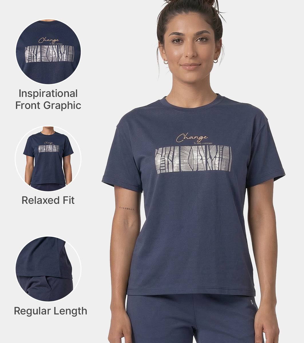 Enamor Active Graphic Tee – breathable, sweat-wicking all-day comfort - A321 (Navy/Change Graphic)