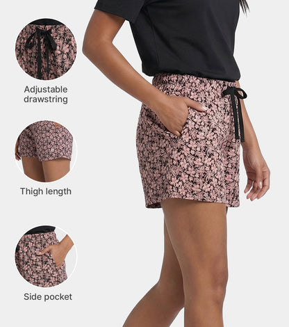 Enamor Drawstring Mid Thigh Length Mid Rise Basic Shorts - Relaxed Fit, Super Soft Cotton - E062 (Coastal Print)