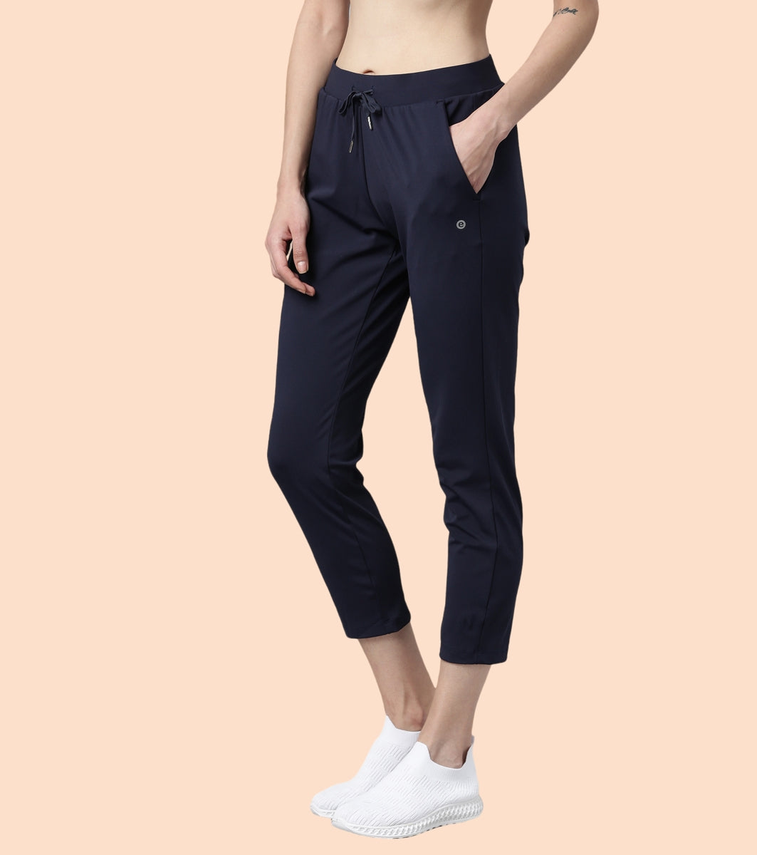 Enamor Mid Rise 7/8th length Drawstring Closure Travel Pants For Women - Relaxed Fit, Quick Dry, Antimicrobial - E068 (Navy)