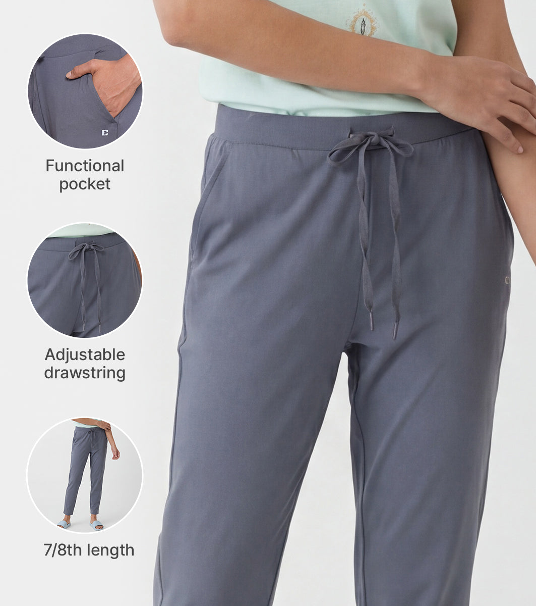 Enamor Mid Rise 7/8th length Drawstring Closure Travel Pants For Women - Relaxed Fit, Quick Dry, Antimicrobial - E068 (Turbulence)