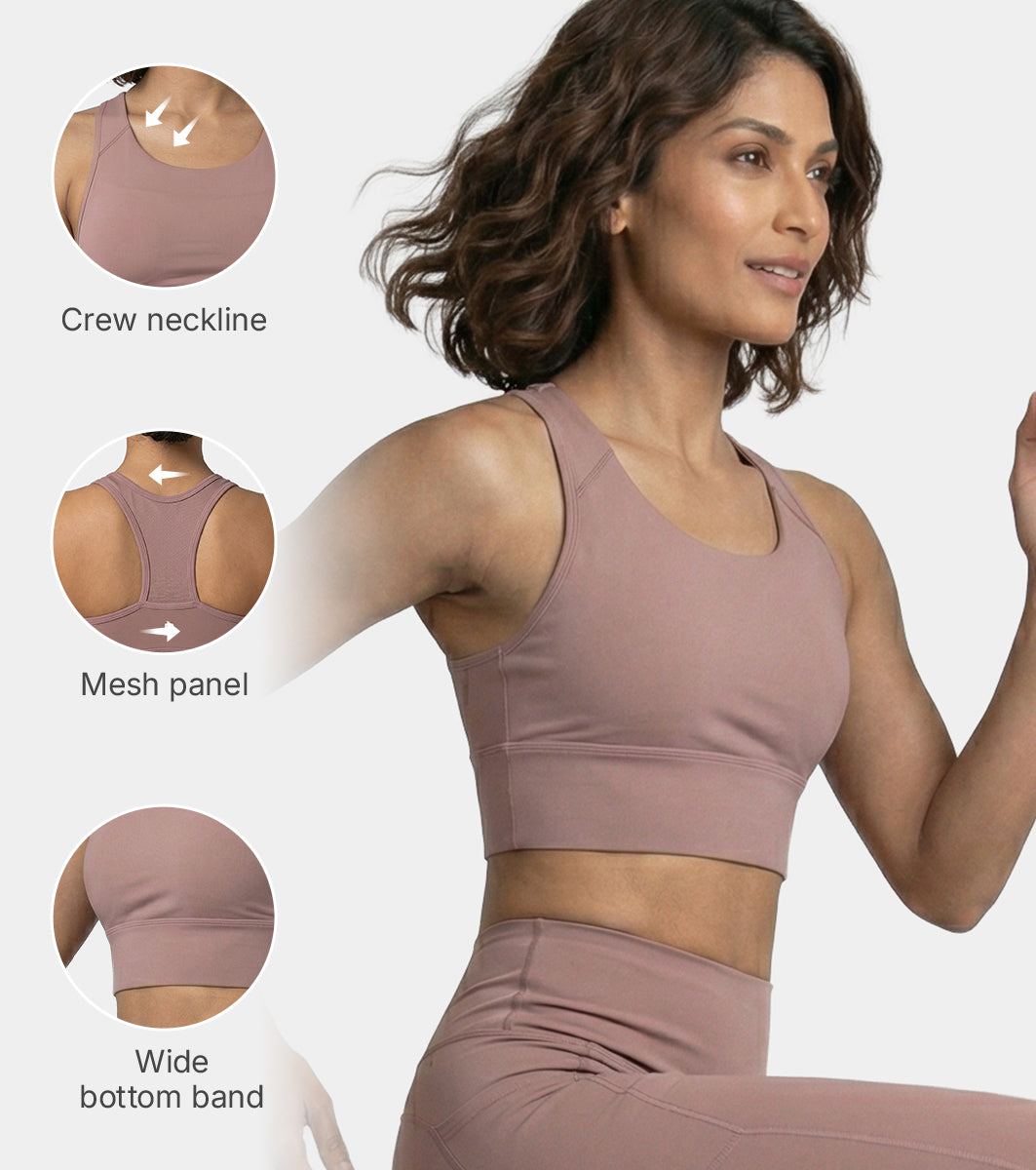Enamor Wide Straps Seamed T-back Basic Workout Sports Bra - Quick Dry, Antimicrobial, Removable Padding, Non-Wired, Full Coverage - A202 (Twilight Mauve)