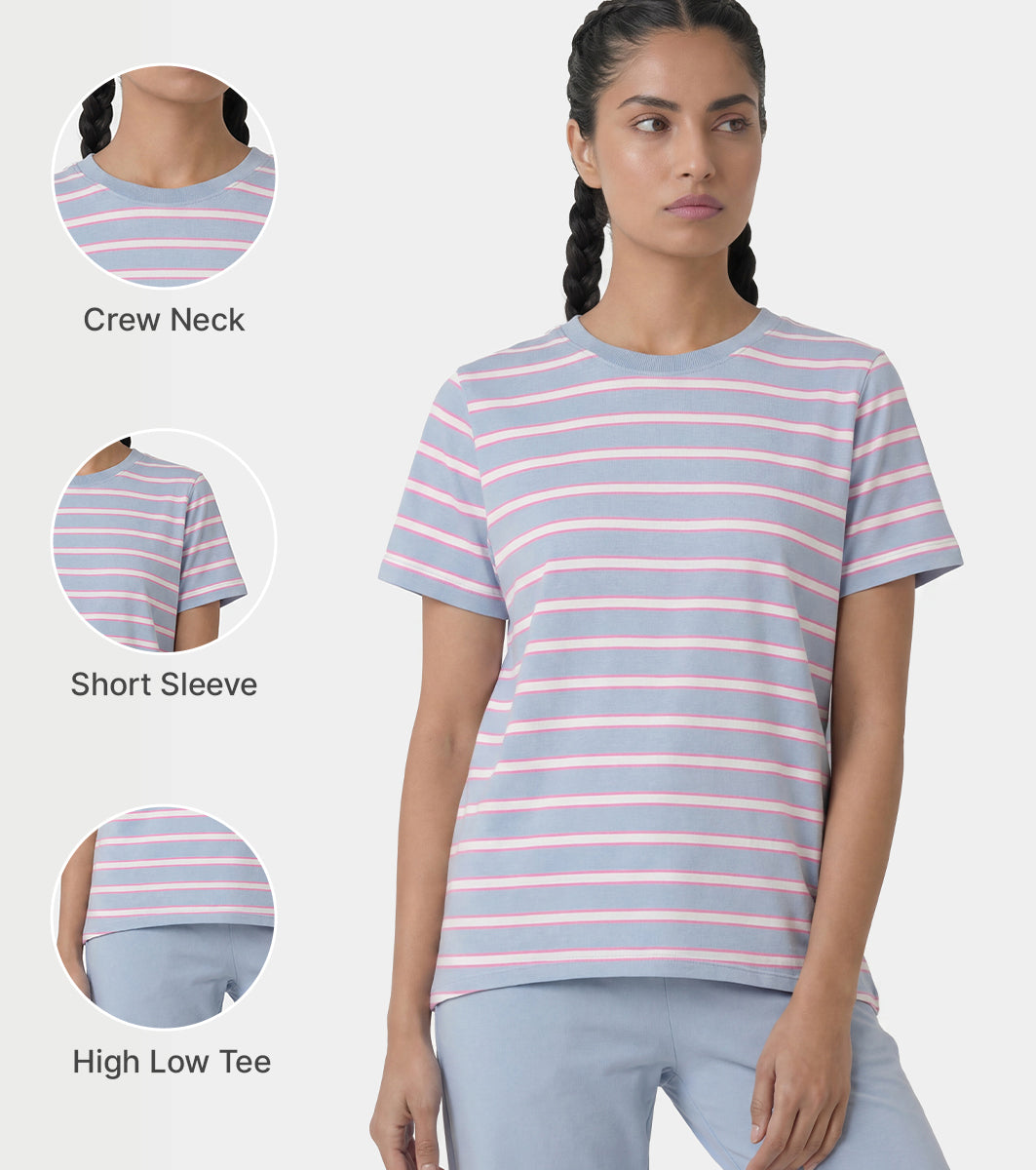 Enamor Short Sleeve Crew Neck Regular Length High Low Striped T-Shirt For Women- Relaxed Fit, Soft and Breathable Stretch Cotton - E3S5 (Dusty Blue)