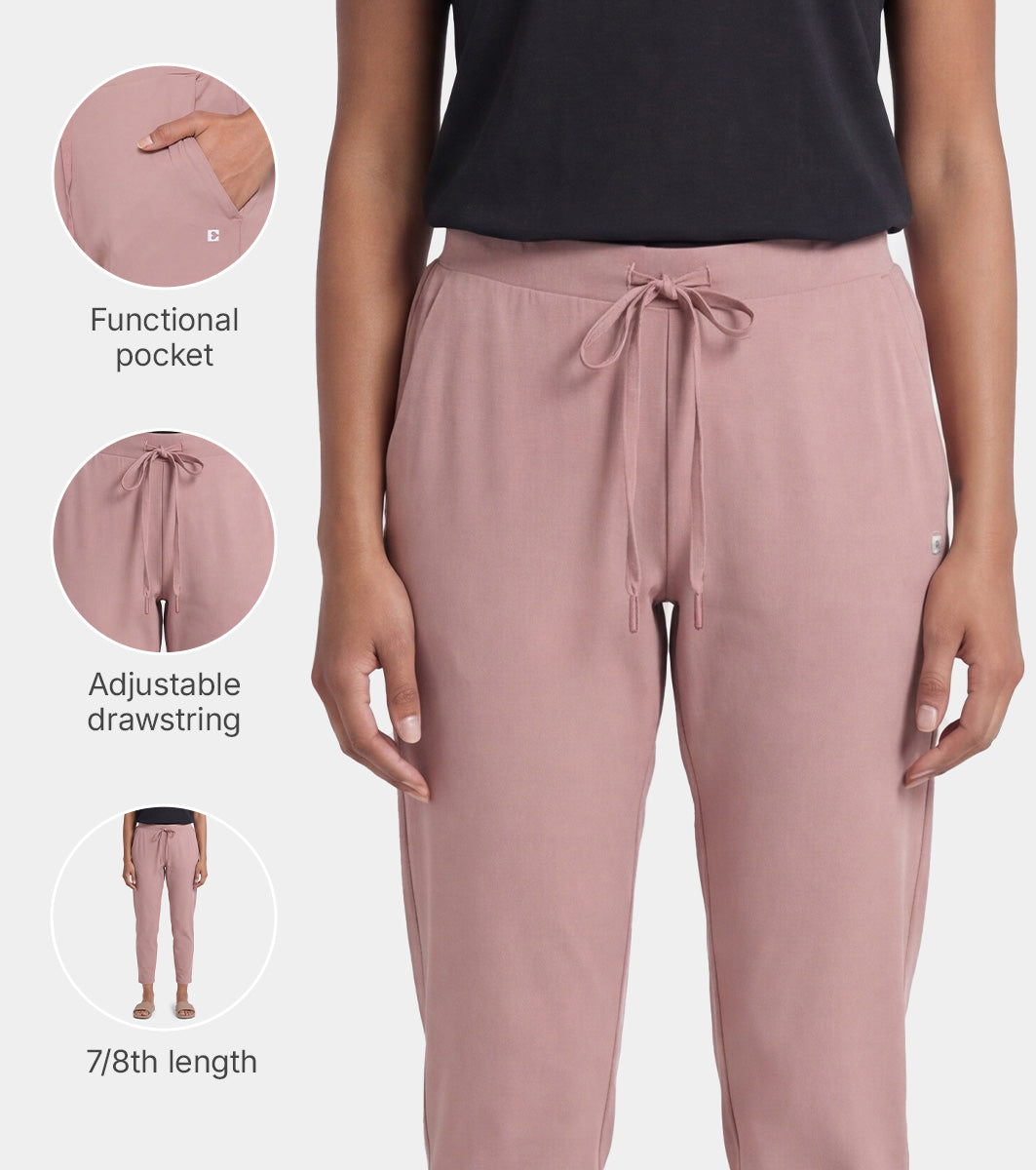Enamor Mid Rise 7/8th length Drawstring Closure Travel Pants For Women - Relaxed Fit, Quick Dry, Antimicrobial - E068 (Twilight Mauve)
