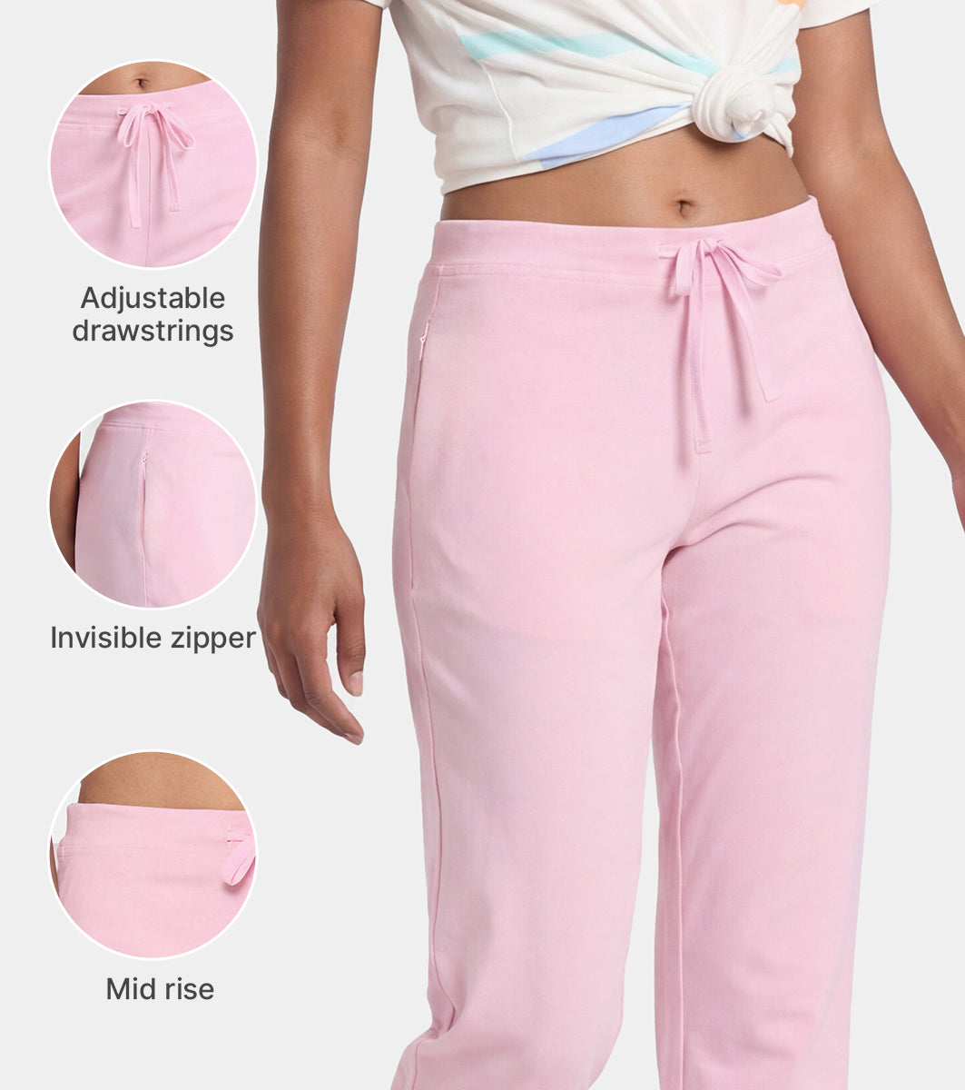 Enamor Mid Rise Regular Length Drawstring Closure Lounge Pants For Women - Slim Fit, Soft and Breathable Stretch Cotton - E014 (Pink Nectar)