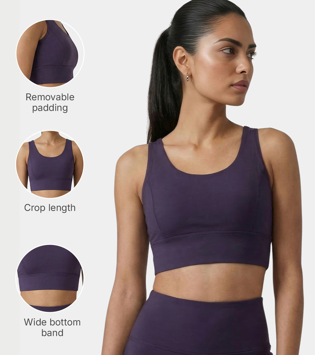 Enamor Sleeveless Crew Neck Crop length Pull On Sports Bra For Women - Hugged Fit, Cut Away Back Detail - A206 (Purple Velvet)