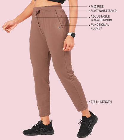Enamor Mid Rise 7/8th length Drawstring Closure Travel Pants For Women - Relaxed Fit, Quick Dry, Antimicrobial - E068 (Nutmeg)