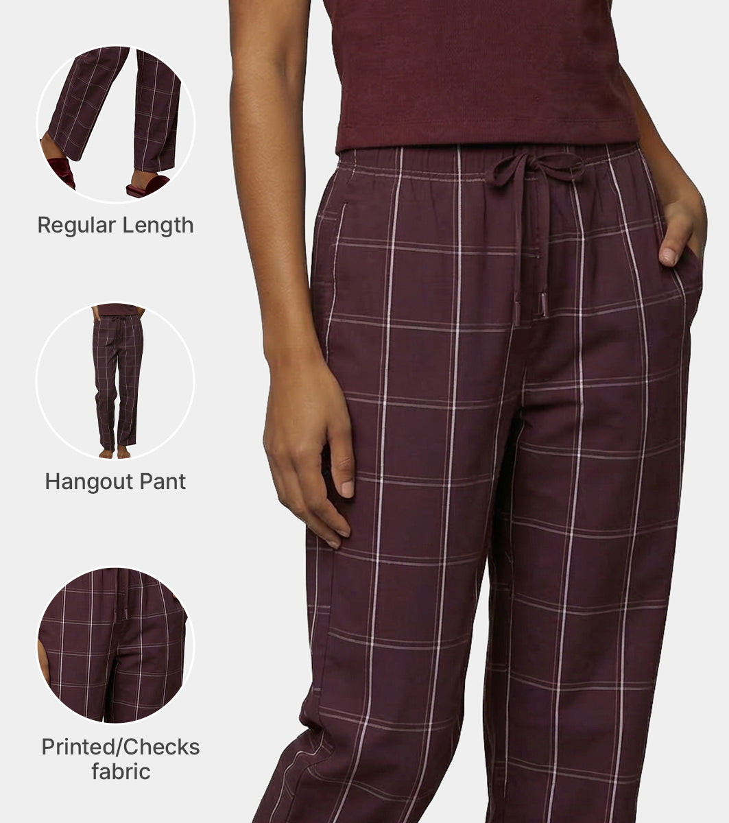 Enamor Mid Rise Full Length Adjustable drawstring Hangout Pant For Women - Relaxed Fit, Combed Cotton - E4A5 (Choco Fudge Checks)