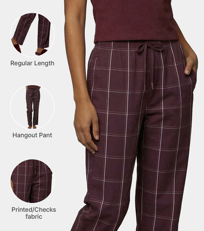Enamor Mid Rise Full Length Adjustable drawstring Hangout Pant For Women - Relaxed Fit, Combed Cotton - E4A5 (Choco Fudge Checks)