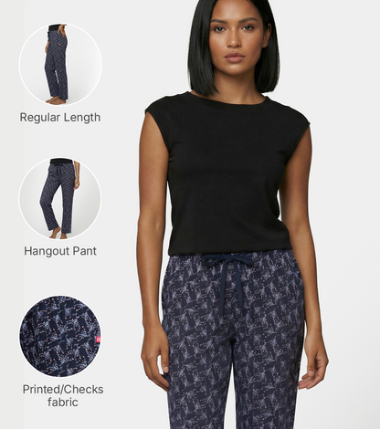 Enamor Mid Rise Full Length Adjustable drawstring Hangout Pant For Women - Relaxed Fit, Combed Cotton - E4A5 (Delicate Floral Print)