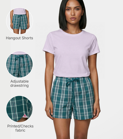 Enamor Mid Rise Mid Thigh Length Adjustable drawstring Hangout Shorts For Women - Relaxed Fit, Soft & Light Cotton - E7A1 (Teal/Pink Checks)