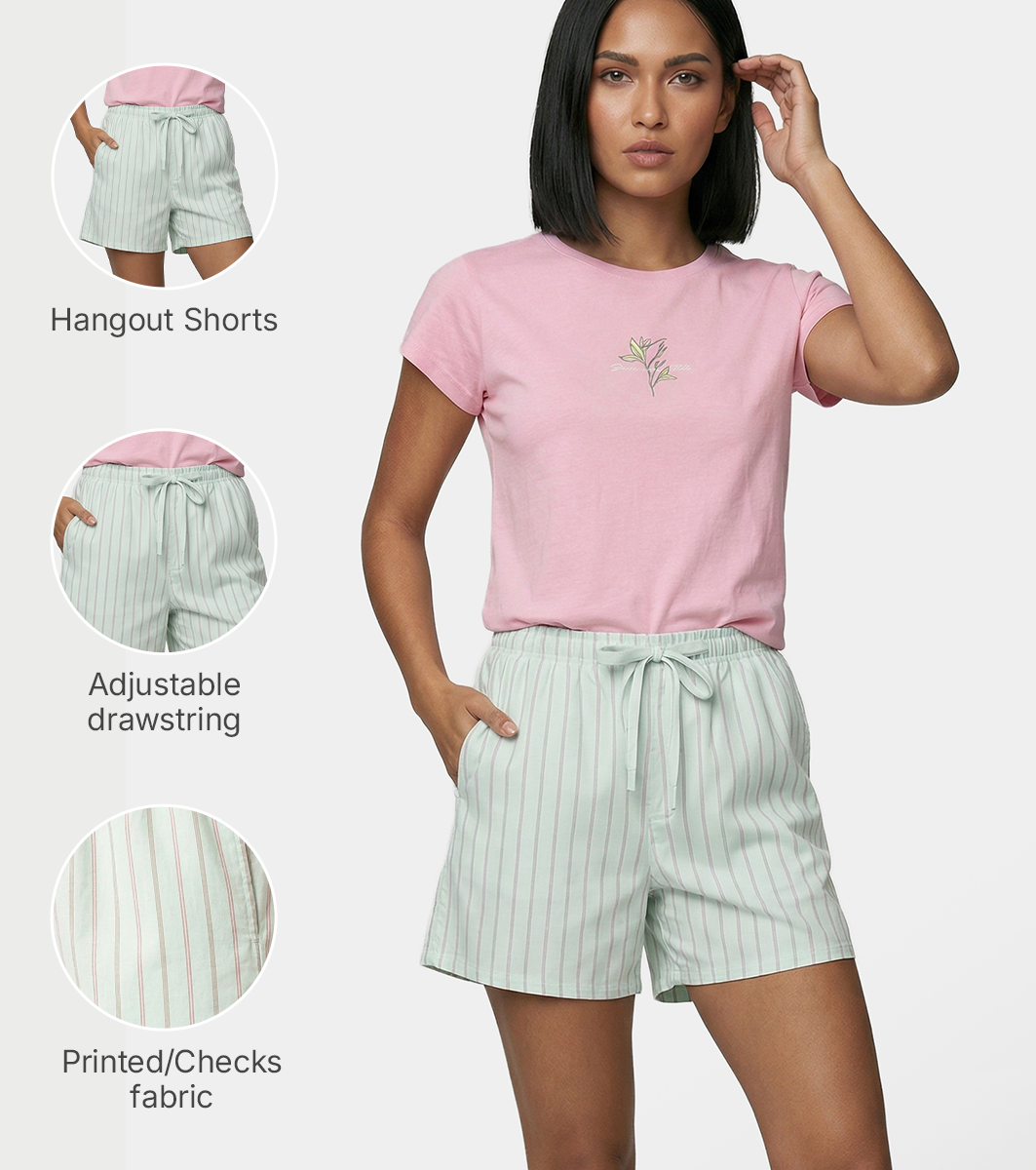 Enamor Mid Rise Mid Thigh Length Adjustable drawstring Hangout Shorts For Women - Relaxed Fit, Soft & Light Cotton - E7A1 (Green Strip)