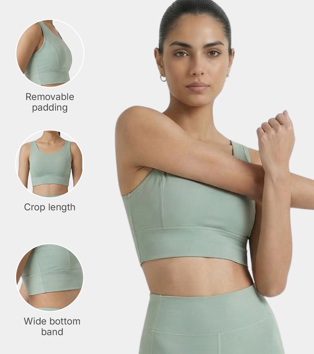 Enamor Sleeveless Crew Neck Crop length Pull On Sports Bra For Women - Hugged Fit, Cut Away Back Detail - A206 (Sage Green)
