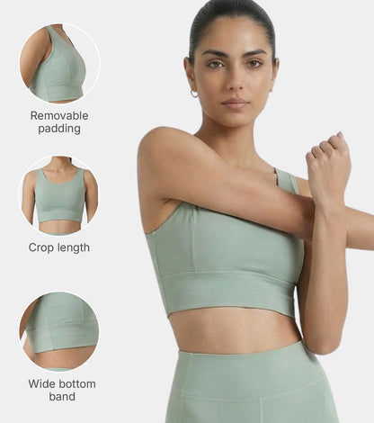 Enamor Sleeveless Crew Neck Crop length Pull On Sports Bra For Women - Hugged Fit, Cut Away Back Detail - A206 (Sage Green)